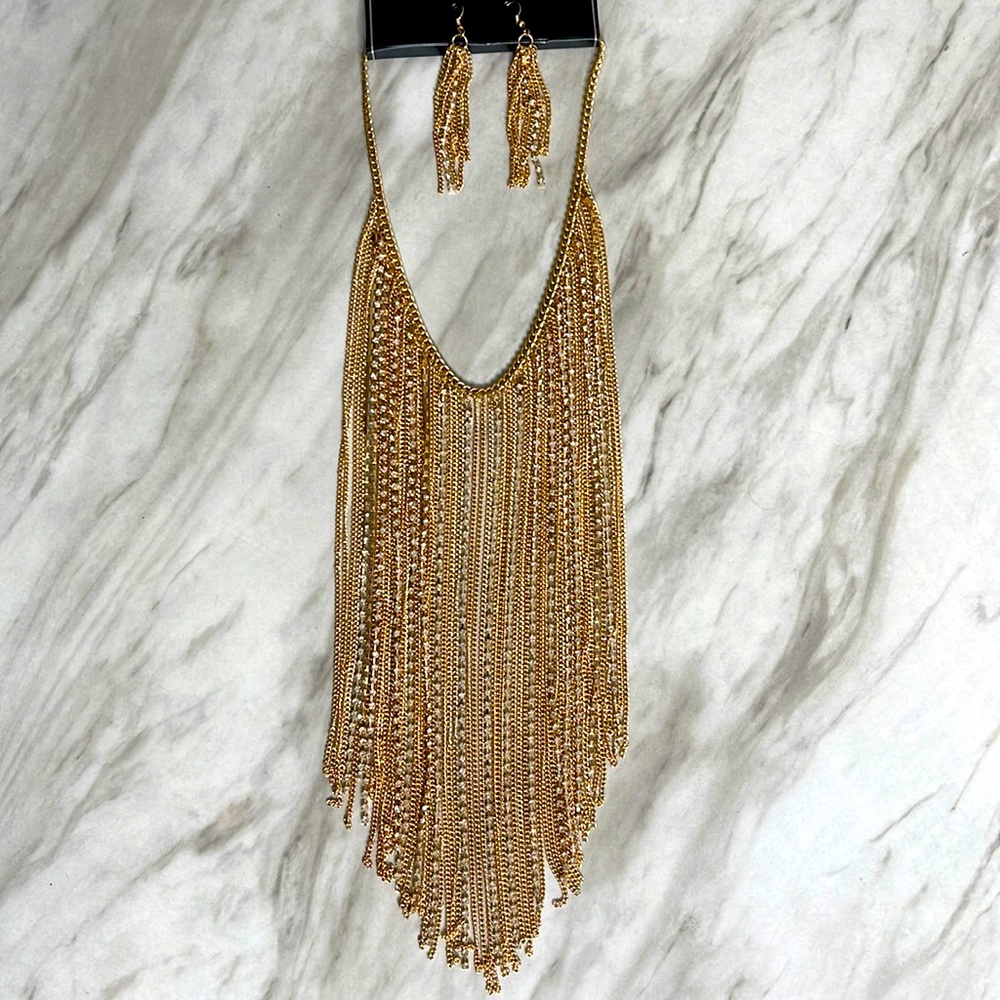 Curtain Gold Chains and Rhinestones Statement Necklace with matching earrings
